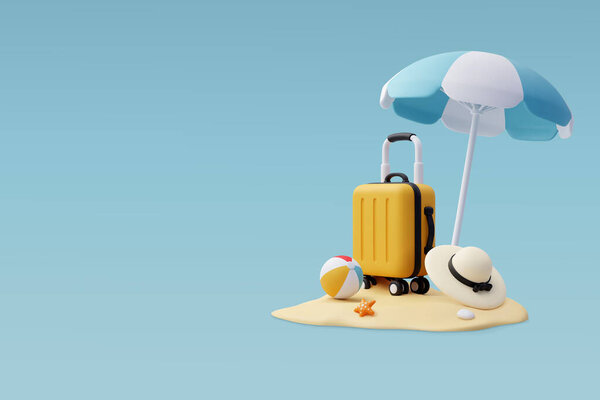 3d Vector luggage, Blue Umbrella and Ball, Summer holiday, Time to travel concept.