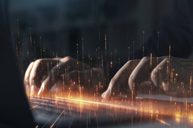 Genç iş adamı dizüstü bilgisayarla ve yaratıcı iş stratejisiyle çalışıyor. hızlı iş akışı kavramı.