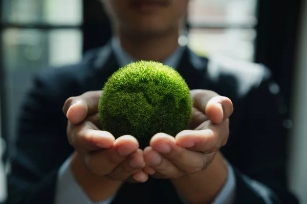 Businessman is holding green globe on hands, ESG and carbon credits ecology concept, carbon neutrality and net zero.