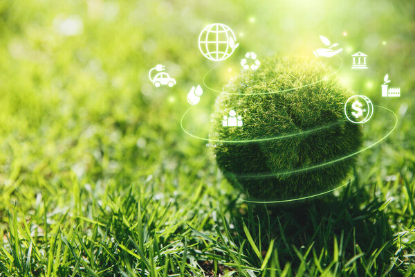 Земля трава с иконкой ESG для окружающей среды Социальное и управленческое, Мировая концепция устойчивой окружающей среды.