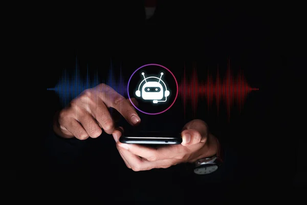 Recording voice message concept.. Man touching microphone icon on smartphone. voice message or Use your voice to direct AI to search for information on Internet.