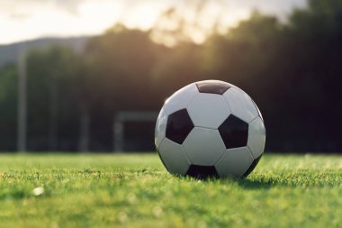 Çim sahası gençlik akademisi antrenmanı, futbol sporu ve egzersiz konsepti üzerine futbol topu.