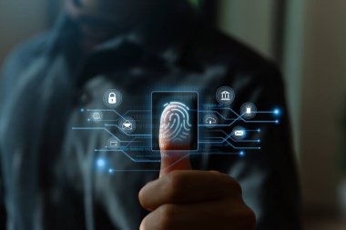 Parmak izi taraması ve biyometrik doğrulama, İş Teknolojisi Güvenlik İnternet Konsepti.