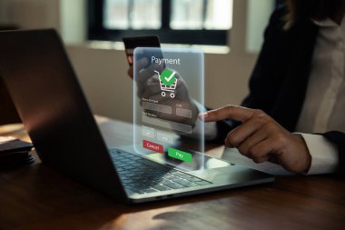 Çevrimiçi ödeme kavramı, İş kadını internet ağı üzerinden bilgisayar ve bankacılık uygulamaları kullanıyor.