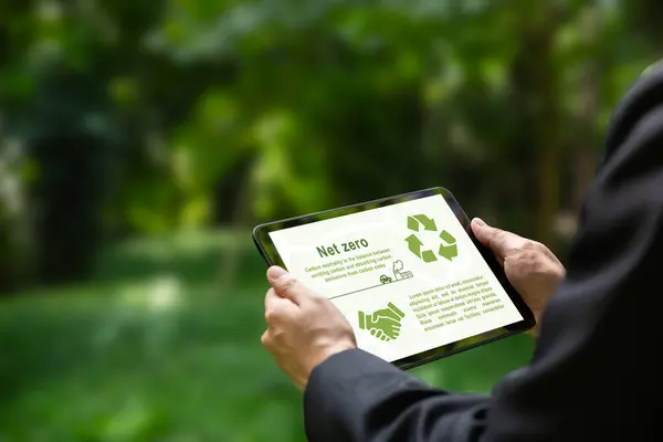 Sıfır ve karbon nötr konsept, Net sıfır verili dizüstü bilgisayar sahibi iş adamı, çevresel düzelme.