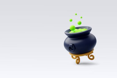 Yeşil iksirli 3D Vektör Cadı Kazanı Cadılar Bayramı Festivali Konsepti.