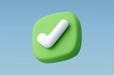 Yeşil ve beyaz olarak 3B vektör işaretleme sembolü, yumuşak bir gradyan arkaplan üzerinde onay, başarı veya onayı temsil eder