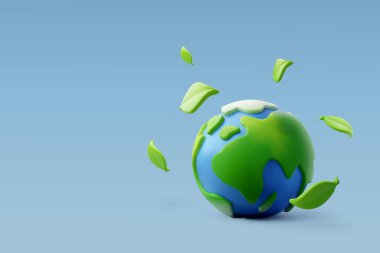 Yeşil bir yaprak içeren konuşma baloncuğuyla Dünya 'nın sevimli 3D çizimi, çevre dostu iletişimi, sürdürülebilirliği ve küresel çevre bilincini sembolize ediyor..