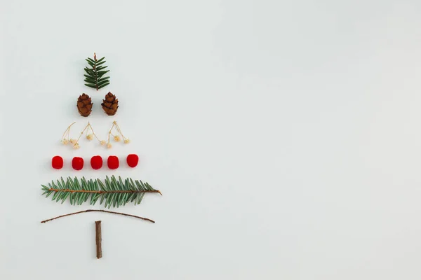 Noel Ağacı Köknar Kozalak Kırmızı Böğürtlen Beyaz Arka Planda Dallarla — Stok fotoğraf