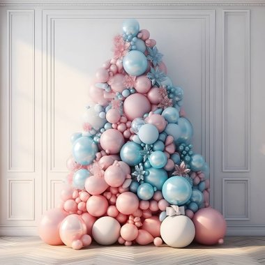 Büyük Noel süslemeleri ile süslenmiş Noel yaratıcı konsepti. Odada mavi ve pembe renkler var. Nazik bebek 3D çizimi. Hediye kutuları, hediyeler.