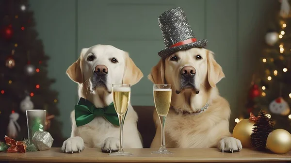 Çılgın hayvan yeni yıl partisi, Labradorlar, şampanya, bardaklar, süslü Noel ağacı. Evcil hayvanlar için parti. Kutlama, komik tatil kartı.