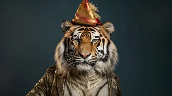 Hayvan Yeni Yıl Partisi konsepti. Arka planda altın şapkalı kaplan. Vahşi bir hayvanın portresi..