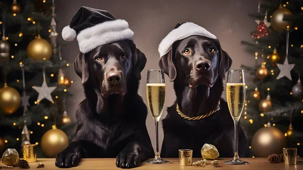 Çılgın hayvan yeni yıl partisi, siyah labradorlar, şampanya, bardaklar, süslü Noel ağacı. Evcil hayvanlar için parti. Kutlama, komik tatil kartı.