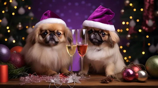 Crazy animal New Year party, pikinezers, champagne, glasses, decorated Christmas tree. Party for pets. Celebrating, funny holiday card.