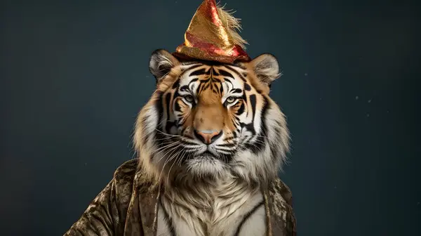 Koncepcja Noworocznej Imprezy Dla Zwierząt Tygrys Złotym Kapeluszu Ciemnym Tle Obrazy Stockowe bez tantiem