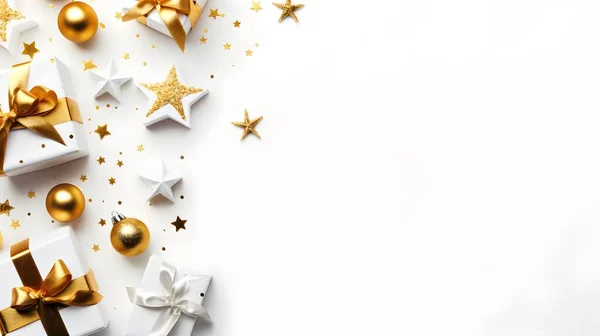 Altın Noel mücevherleri ve beyaz arka planda hediyelerden oluşan yaratıcı bir düzen. Düz yerde, üst tarafta. Yeni yıl konsepti. Boşluğu kopyala.