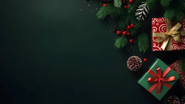 Yeşil arka plandaki kış şeylerinden oluşan yaratıcı doğal düzen. Mutlu yıllar kartı. Düz konum, üst görünüm, kopyalama alanı.