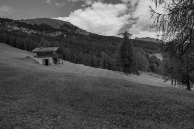 Dolomitler 'de bir dağ otlağının üzerinde harika manzaralı bazı eski evler.