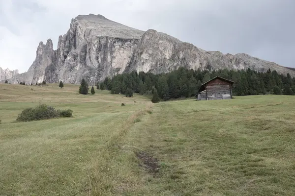 Dolomitler 'de bir dağ otlağının üzerinde harika manzaralı küçük bir ev.