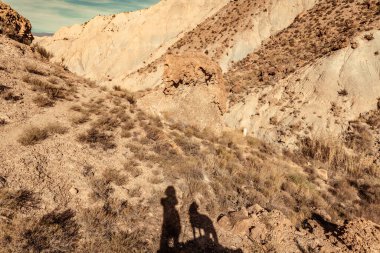 Tabernas çölünde kadın ve köpek gölgesi silueti Almeria Sapin