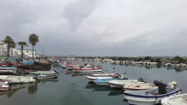 Αλιευτικά Σκάφη Στο Λιμάνι Της Πόλης Fuseta Στη Νότια Πορτογαλία — Αρχείο Βίντεο