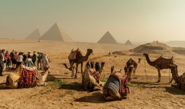 Giza piramitlerinde hayvan taşıyan turistler