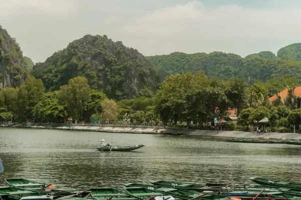 stock image Sampan rowing boat mooring in Ninh Binh Vietnam