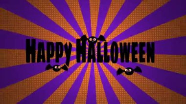 Mutlu cadılar bayramı animasyonlu siyah kıvrımlı metin içinde üç yarasa uçuşan çizgi film pop sanatı güneş patlaması tarzı titreşimli vignette arka plan. Yarım tonlu retro tasarımlı Cadılar Bayramı animasyonunuz kutlu olsun.