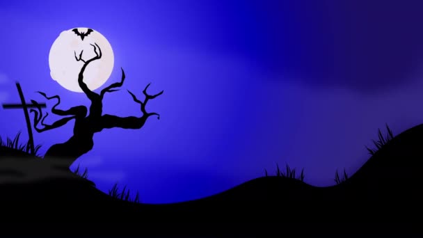 万圣节夜晚 一座月光闪烁的山丘映衬着深蓝色的天空 一棵摇曳着的树 从地下冒出来的坟墓 一座鬼屋 一个长着一双闪闪发光的眼睛的黑南瓜 一只蝙蝠在四周飞舞 — 图库视频影像