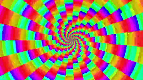 彩色荧光超现实光学闪烁迷幻嬉皮士移动径向眩晕条纹 具有闪烁效果的彩虹催眠动画及其在舞曲节庆迪斯科合成波中的运动 — 图库视频影像