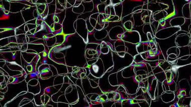 Soyut renkli neon dalgalı şekiller hareket ediyor ve yanıp sönüyor. Hi-Tech Squares hareketli renkli hippi şekilli hareket partisi. Fractal psychedelic gece kulübü müzik animasyon disko çılgın tasarımı