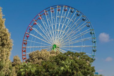 Ayia Napa eğlence parkında renkli gondollu dönme dolap manzarası. Kıbrıs, Akdeniz.
