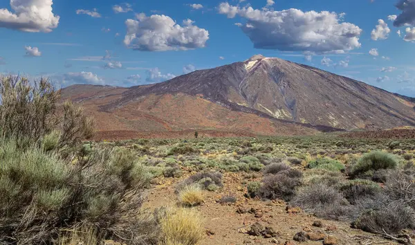 İspanya, Kanarya Adaları, Tenerife 'deki ünlü El Teide volkanı. Volkanik manzara, mavi gökyüzü ve beyaz bulutlar..