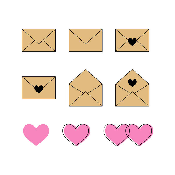 Contour signs, symbols and buttons for online communication, dating site, virtual love, online messages - letters, envelopes and hearts vector outline icons, line art. Set colored line icons.