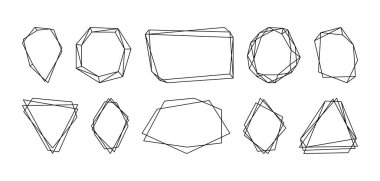 Siyah çokgen geometrik çerçeveleri ayarla. Basit dekoratif çizgiler, şenlikli dekorasyon. Düğün davetiyesi için satır tasarımı unsurları, farklı kutlamalar ve tatiller, poster ve afişler.