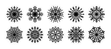 Kar tanesi çizgisi simgeleri ayarlandı, kış vektörü çizimi. Kış tasarımı için kar taneleri, dekor. Koleksiyon çizgisi, kar taneleri, kristal süslemeler. Yeni yıl ve Noel kartları için tasarım ögesi.