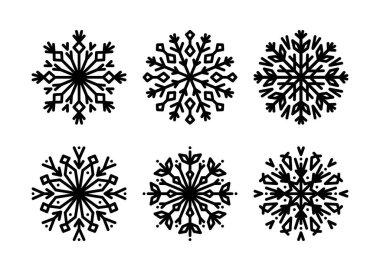 Noel kar tanesi çizgisi simgeleri vektör illüstrasyonunu belirler. Koleksiyon çizgisi kar taneleri, kristal süslemeler. Yeni yıl için tasarım öğesi, yılbaşı kartları. Kış tasarımı ve dekorasyonu için kar taneciklerinin ana hatları.