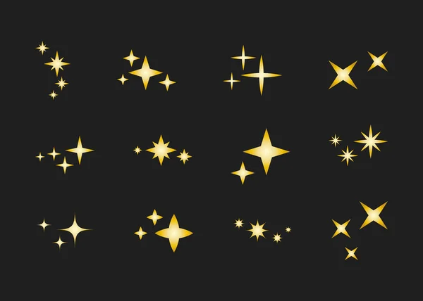 装飾的な黄金の輝きの要素のセット 黒の背景に隔離された金のグラデーションの小さな星 招待状やカード 休日の装飾やデザインを飾るためのかわいい黄色の星のシルエット — ストック写真