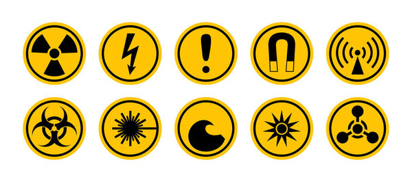 Устанавливаются круглые знаки и шприцы. Информирование о рисках и предостережениях. Круговая пиктограмма, иконы радиационной, биологической и химической опасности. Символ, знак высокого напряжения, радиоизлучения и т.д..