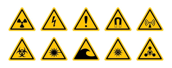 Dreieckige Daranger Schilder Symbole Gesetzt Informieren Über Risiken Und Vorsicht — Stockvektor
