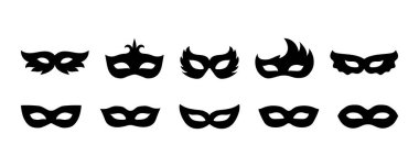 Bir grup karnaval maskesi silueti. Parti, geçit töreni ve karnaval için, Mardi Gras ve Cadılar Bayramı için maskeli baloların simgeleri. Maske dekoratif ögeler izole edilmiş işaret, sembol veya simge olarak kullanılabilir.