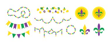 Mardi Gras karnaval illüstrasyon seti, festival veya maskeli balo için dekoratif unsurlar. Boncuklar ve atışlar, bayram flamaları ve fleur de lis. Shrove Salı, Fat Tuesday, kutlama ve yürüyüş geçidi.