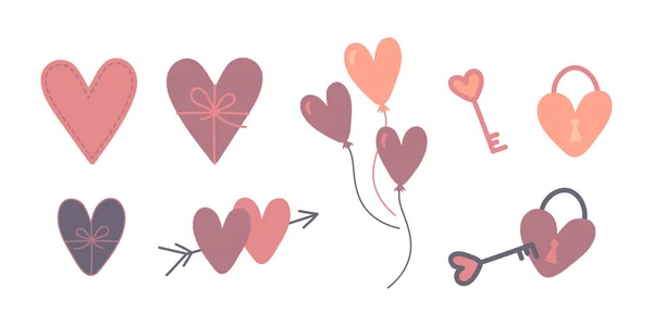 Valentine Day Mignon Ensemble Illustration Vectorielle Coeurs Ballons Clé Avec — Image vectorielle