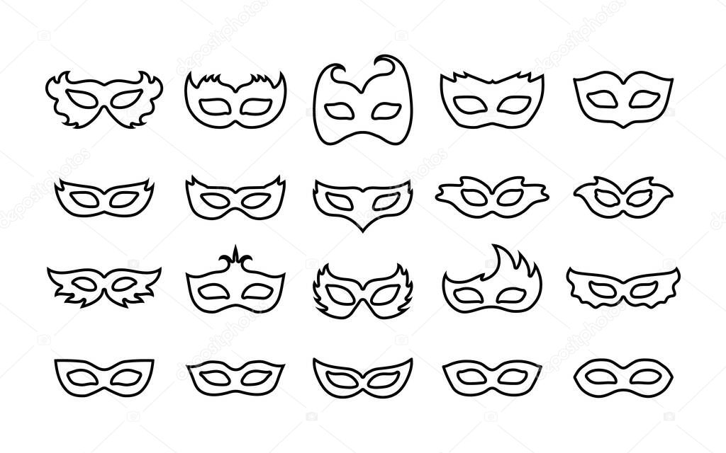 Conjunto de máscaras de carnaval. Iconos lineales simples de máscaras