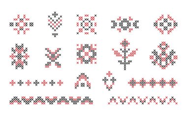 Set illustrations of red and black embroidery. Embroidered pattern, decorative element. Traditional national Ukrainian decorative element. Stitches and crosses on canvas. Ukrainian embroidery ornament