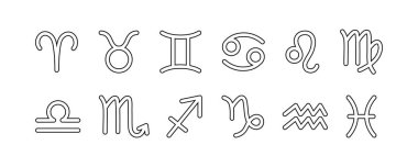 Outline zodiac signs set, astrological symbols of twelve zodiacal constellations. Vector illustrations, isolated on white background. Horoscope elements and celestial black line art icons.