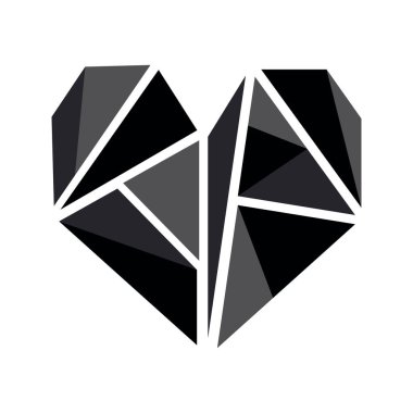 Black grey polygonal heart, flat vector illustration isolated on white background. Love icon, sign or symbol - heart shape, geometric romantic decorative element.