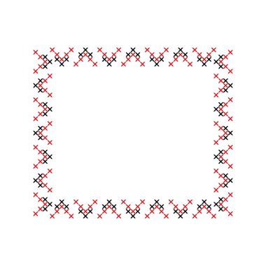 Embroidered frame, decorative element. Traditional national Ukrainian red and black embroidery. Ukrainian embroidery geometric ornament with stitches and crosses, square frame