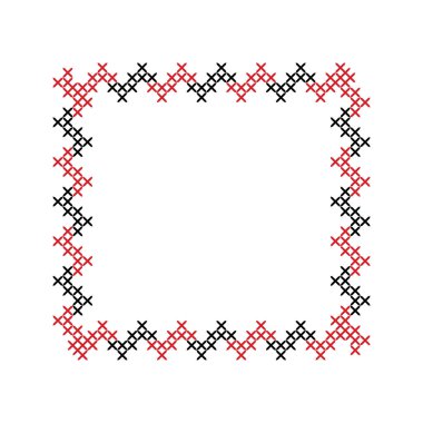 Traditional national Ukrainian red and black embroidery. Ukrainian embroidery geometric ornament with stitches and crosses, square frame. Embroidered frame, decorative element.