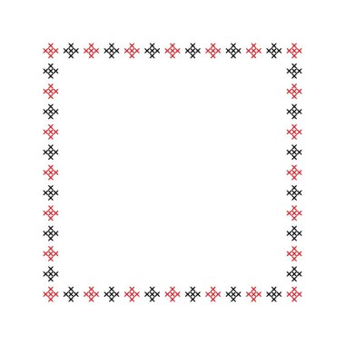 Embroidered frame, decorative element. Ukrainian embroidery geometric ornament with stitches and crosses, square frame. Traditional national Ukrainian red and black embroidery.